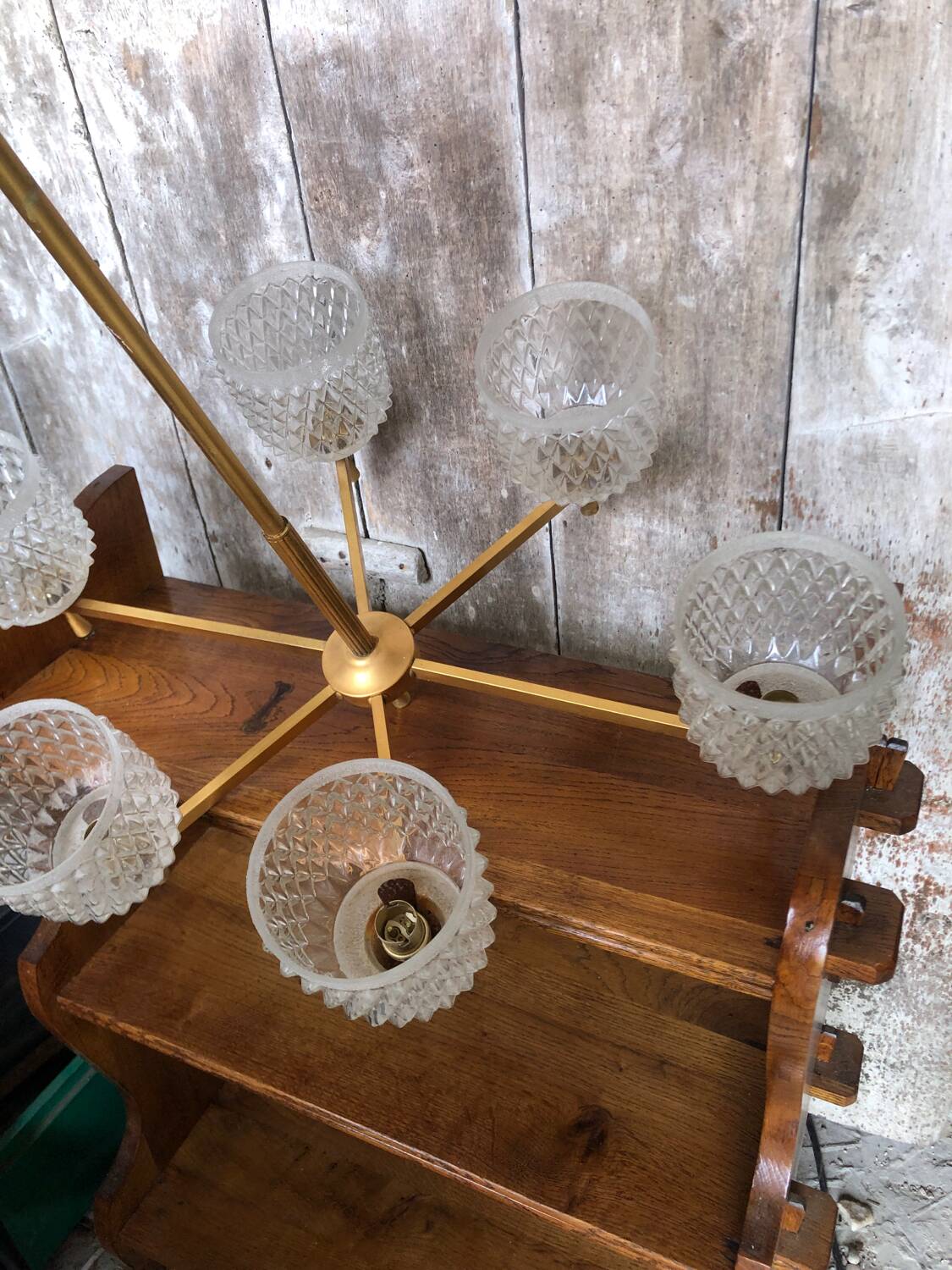 Old Chandelier 6 Lights Golden Metal + Molded Glass Reflector