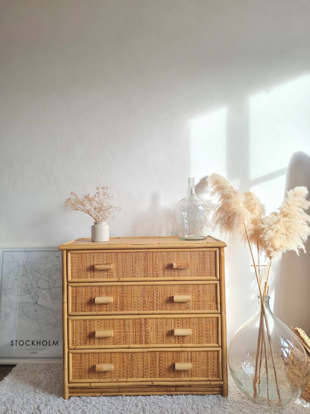 Vintage rattan chest of drawers from the 1970s.