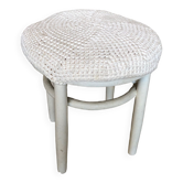 Tabouret en bois blanc, assise laine vintage #a294