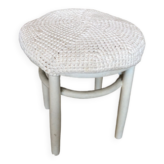 Tabouret en bois blanc, assise laine vintage #a294