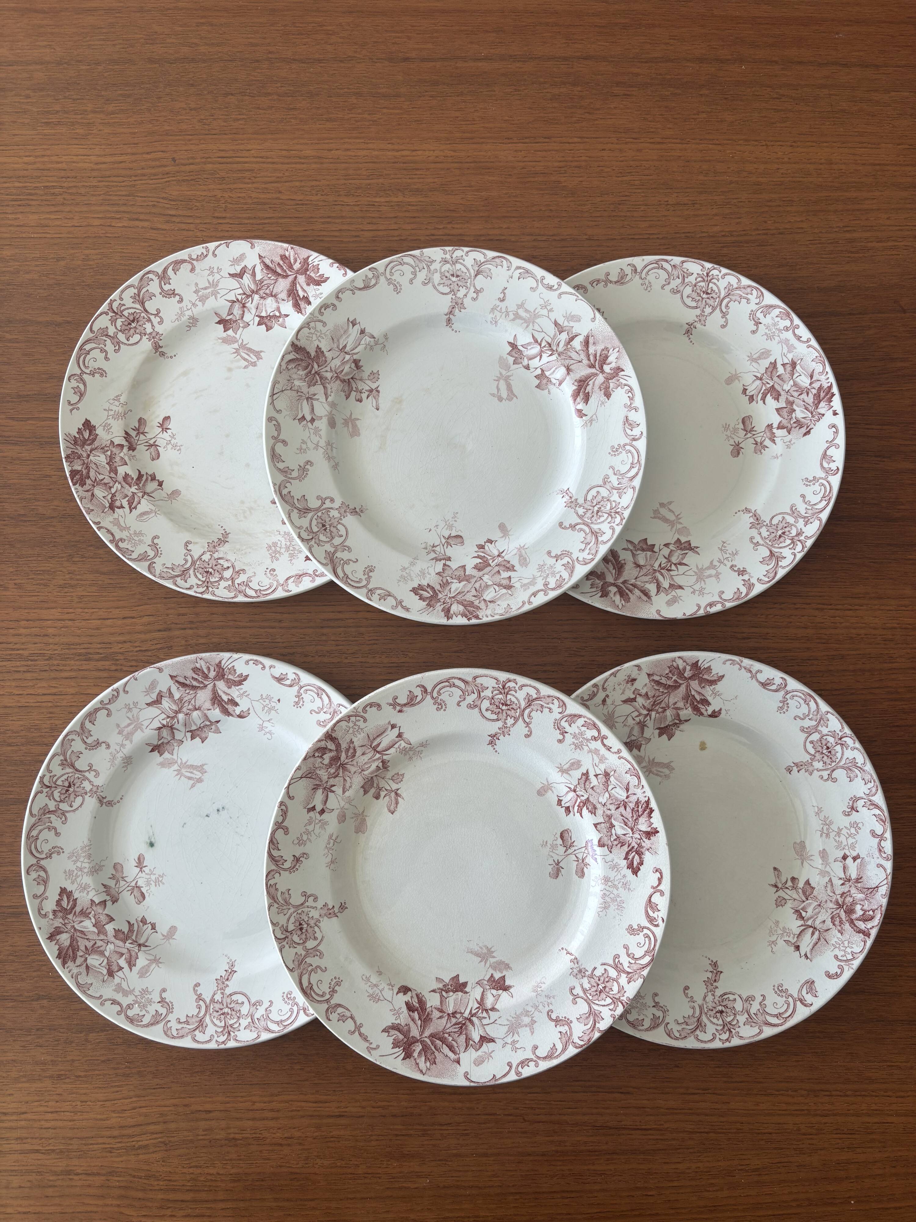 Set of 6 antique red Terre de Fer plates St Amand Hamage model