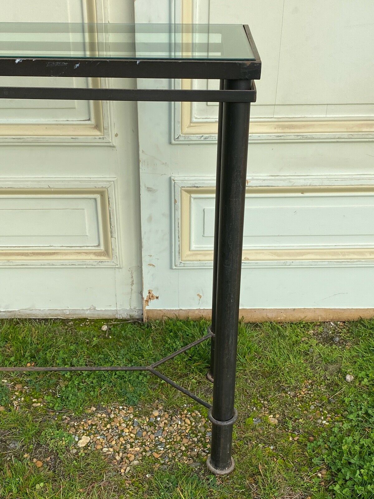 Iron console forged glass top xxeme pietement in x