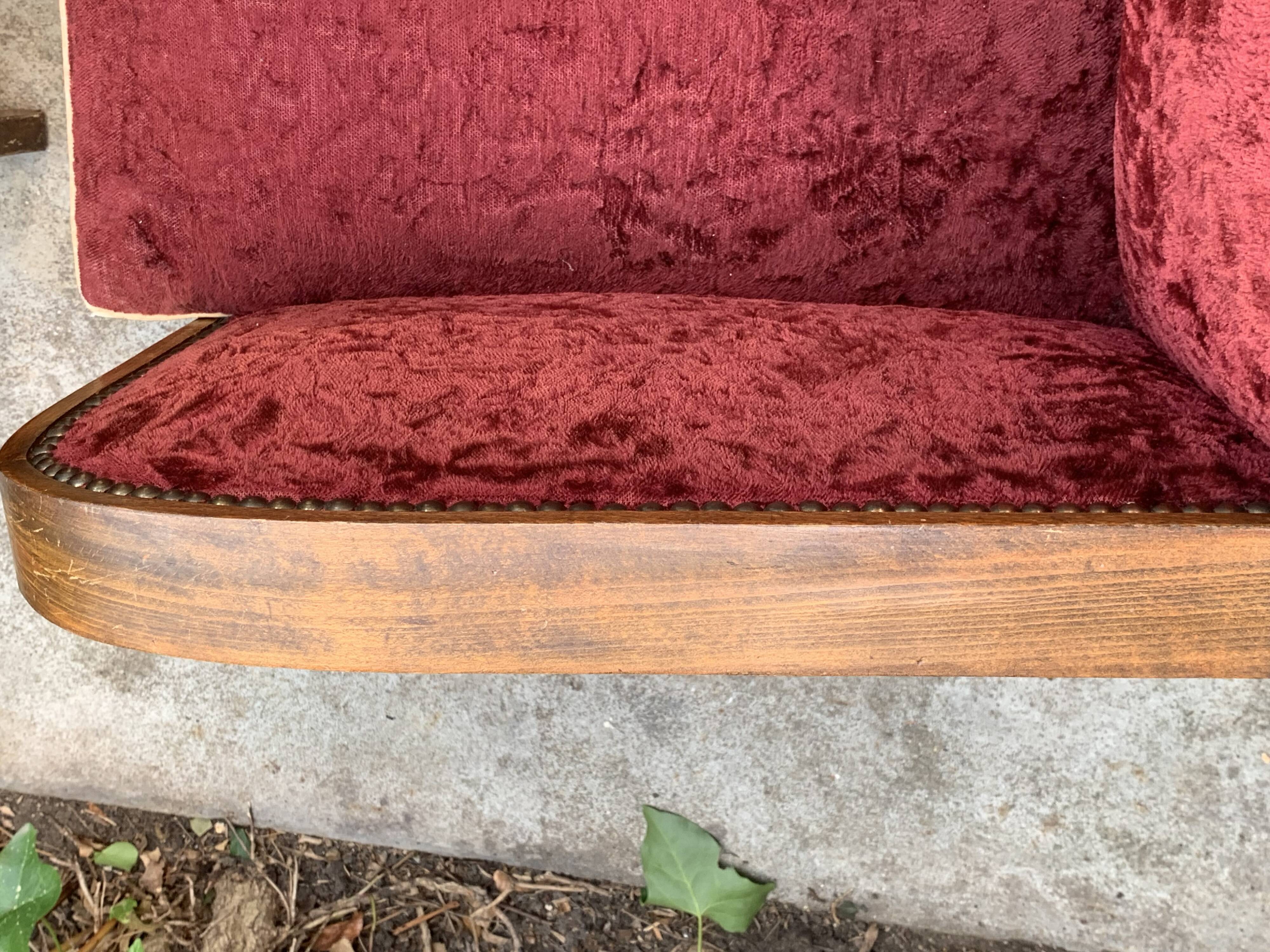 Pair of Art Deco club armchairs in burgundy red velvet, 1930s