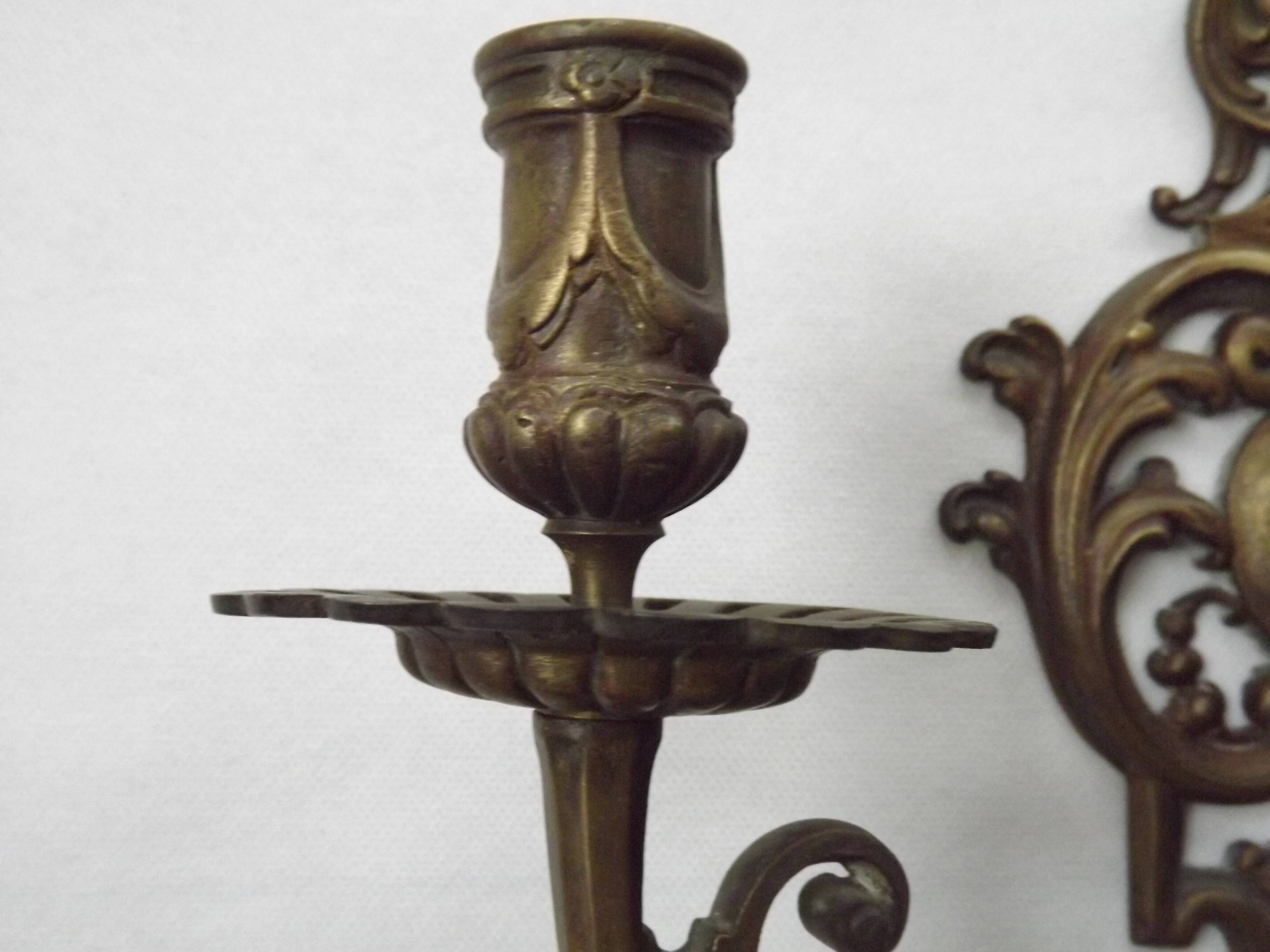Pair of Heavy Victorian Bronze Triple Wall Sconces Griffin & Flower Detail