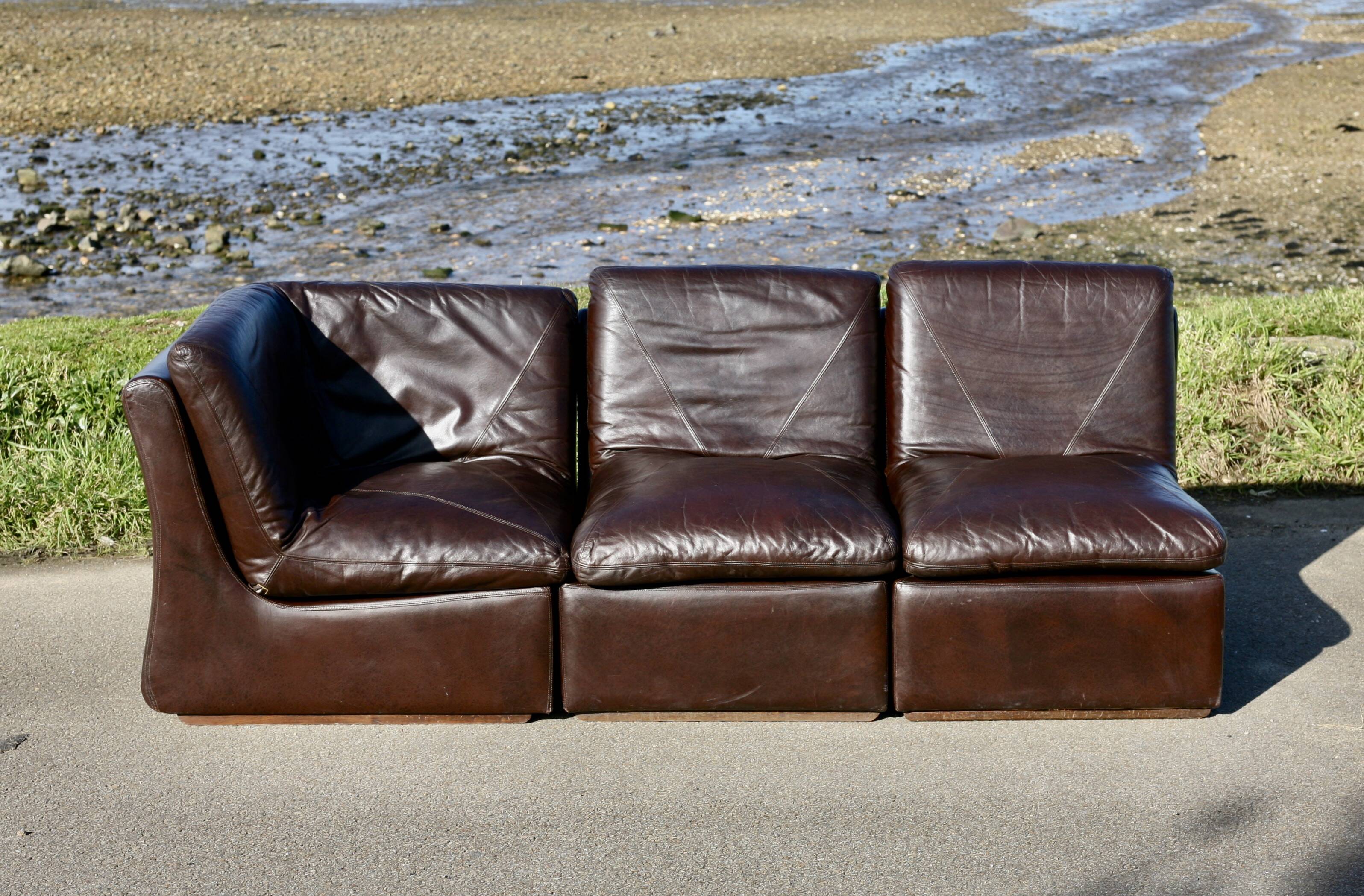 Modular sofa made up of 3 leather armchairs. Circa 1970
