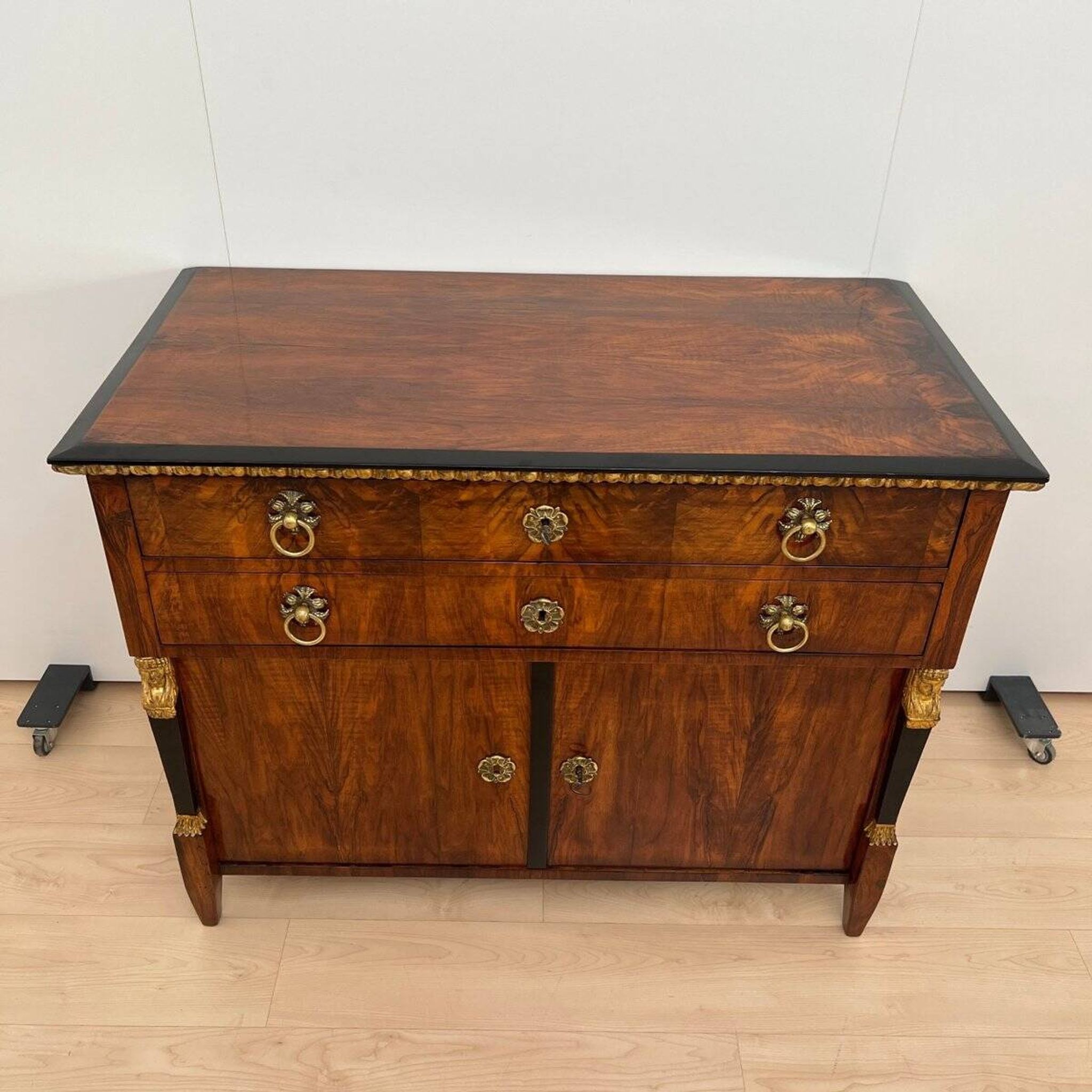Biedermeier Chest in Walnut Veneer, Cherry, Gold Leaf & Brass, Austria, 1815