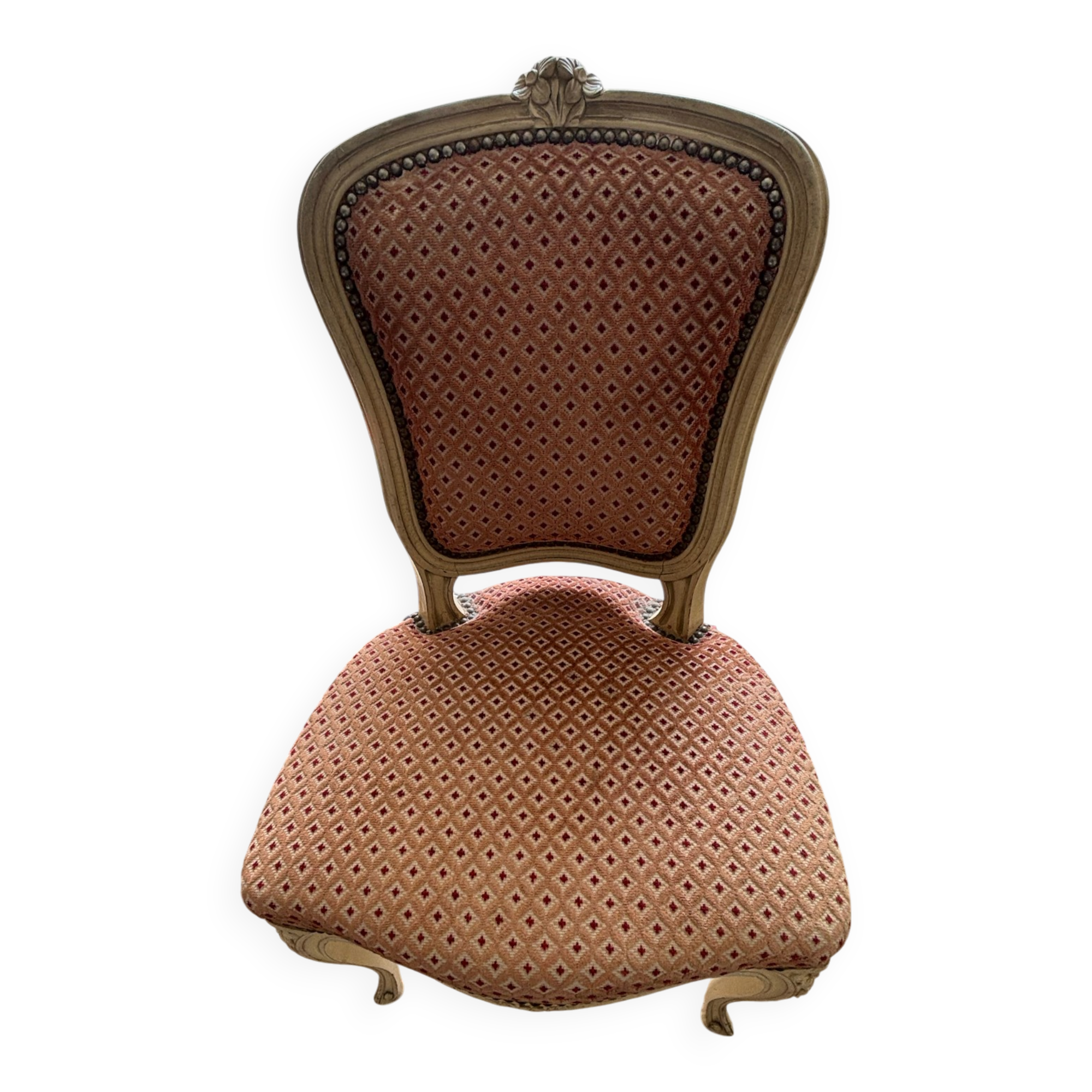 Louis XV style chair in patinated wood, fully upholstered in a fabric.