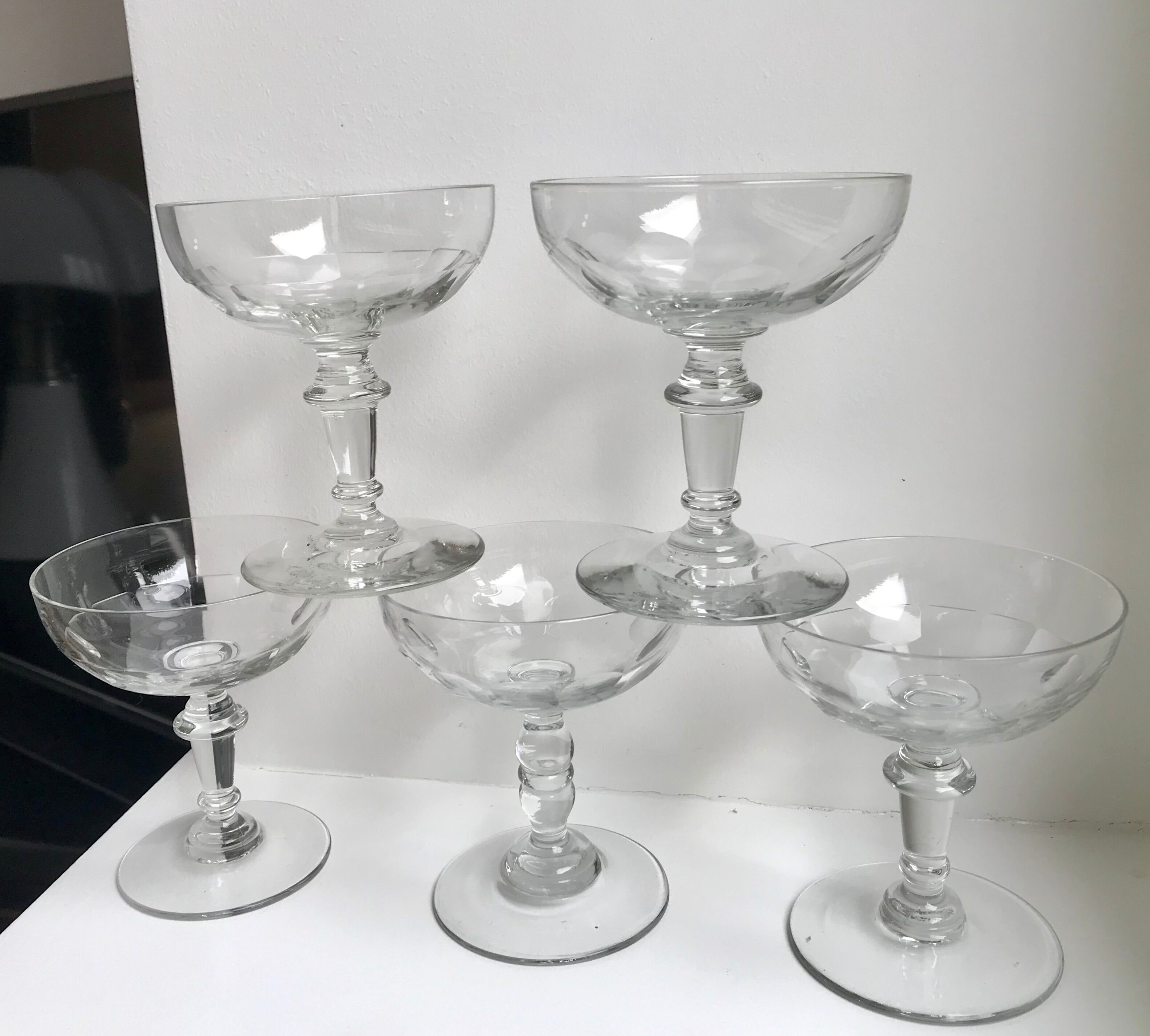 Set of 5 large crystal champagne glasses 30s-40s