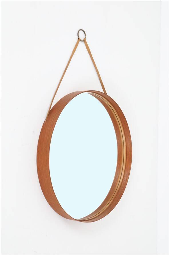 Rare round "#103" wall mirror / teak, leather, brass / by Glas Mäster, Markaryd, Sweden / 1960s / 1970s / Mid-Century Modern Design