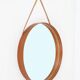 Rare round "#103" wall mirror / teak, leather, brass / by Glas Mäster, Markaryd, Sweden / 1960s / 1970s / Mid-Century Modern Design