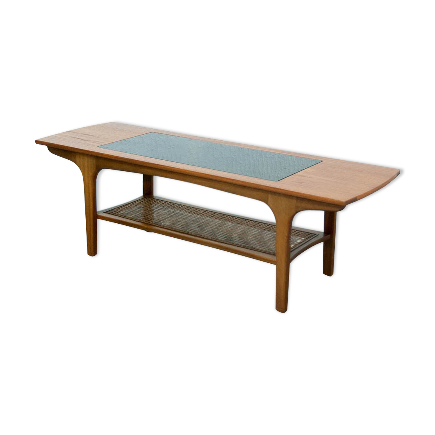 Cane, glass and teak coffee table