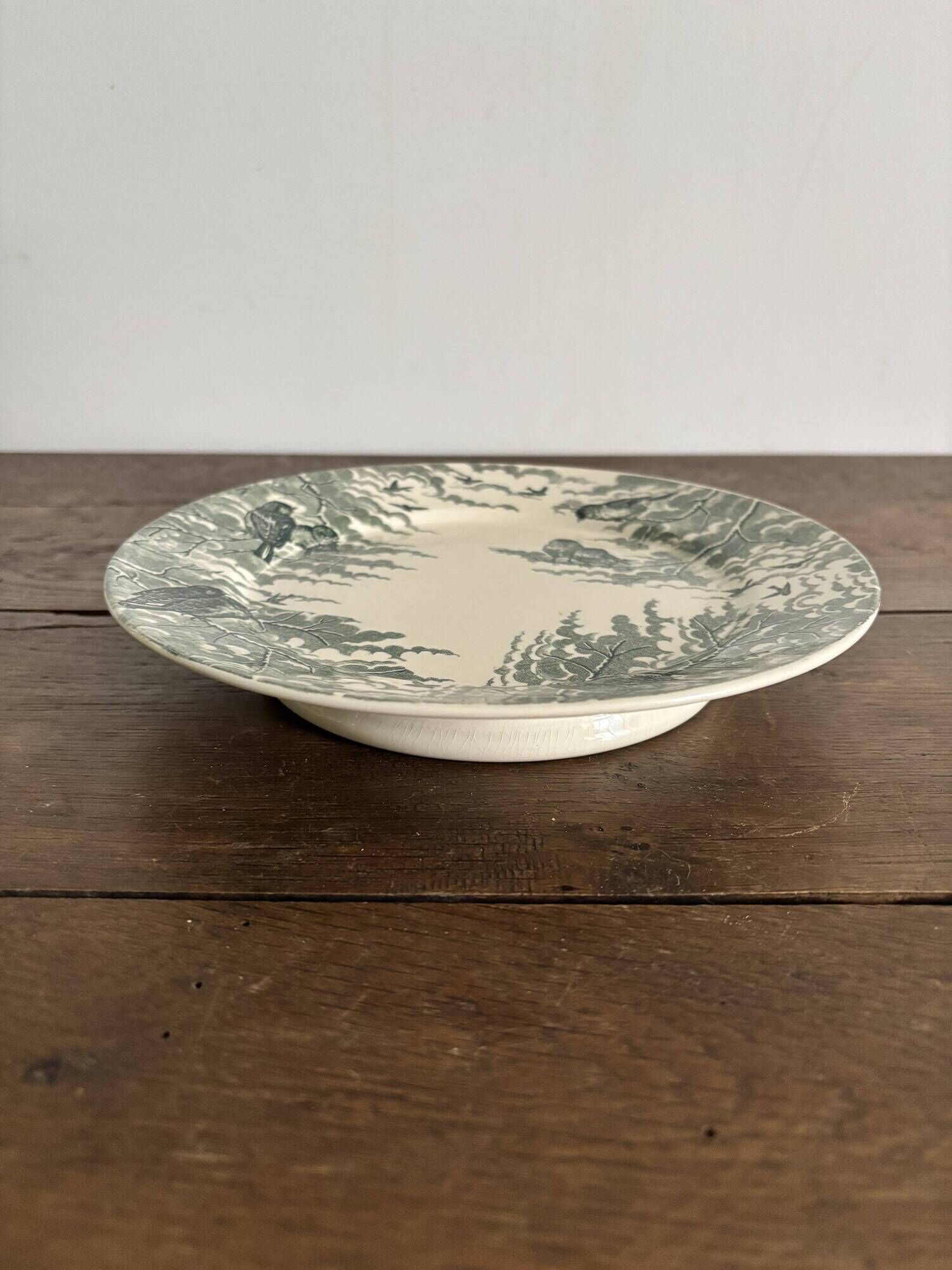 Compotier ancien Sarreguemines – Modèle Neige – Décor oiseaux vert