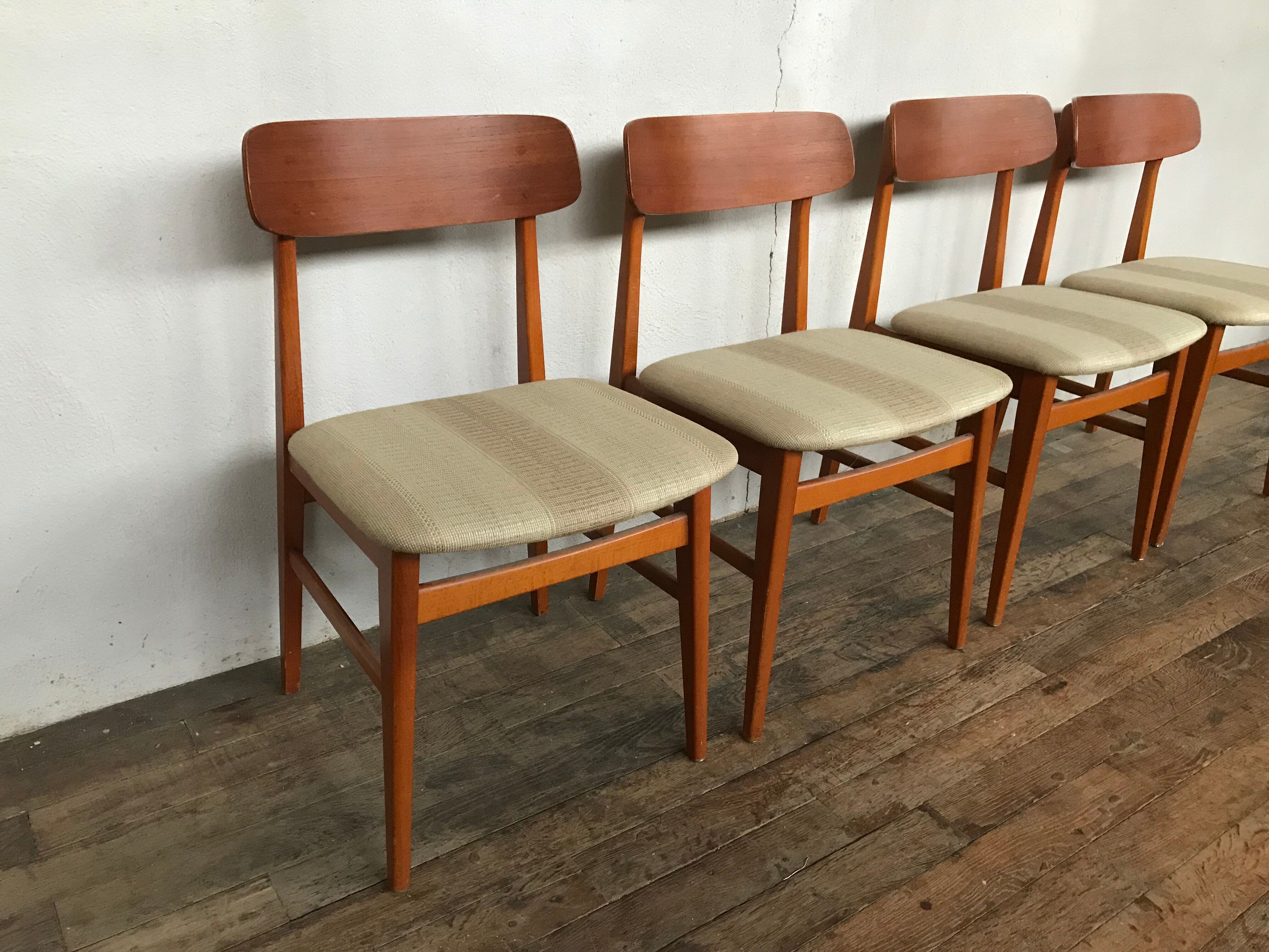 Lot de 4 chaises scandinave teck & tissus beige 1950 1960 vintage design