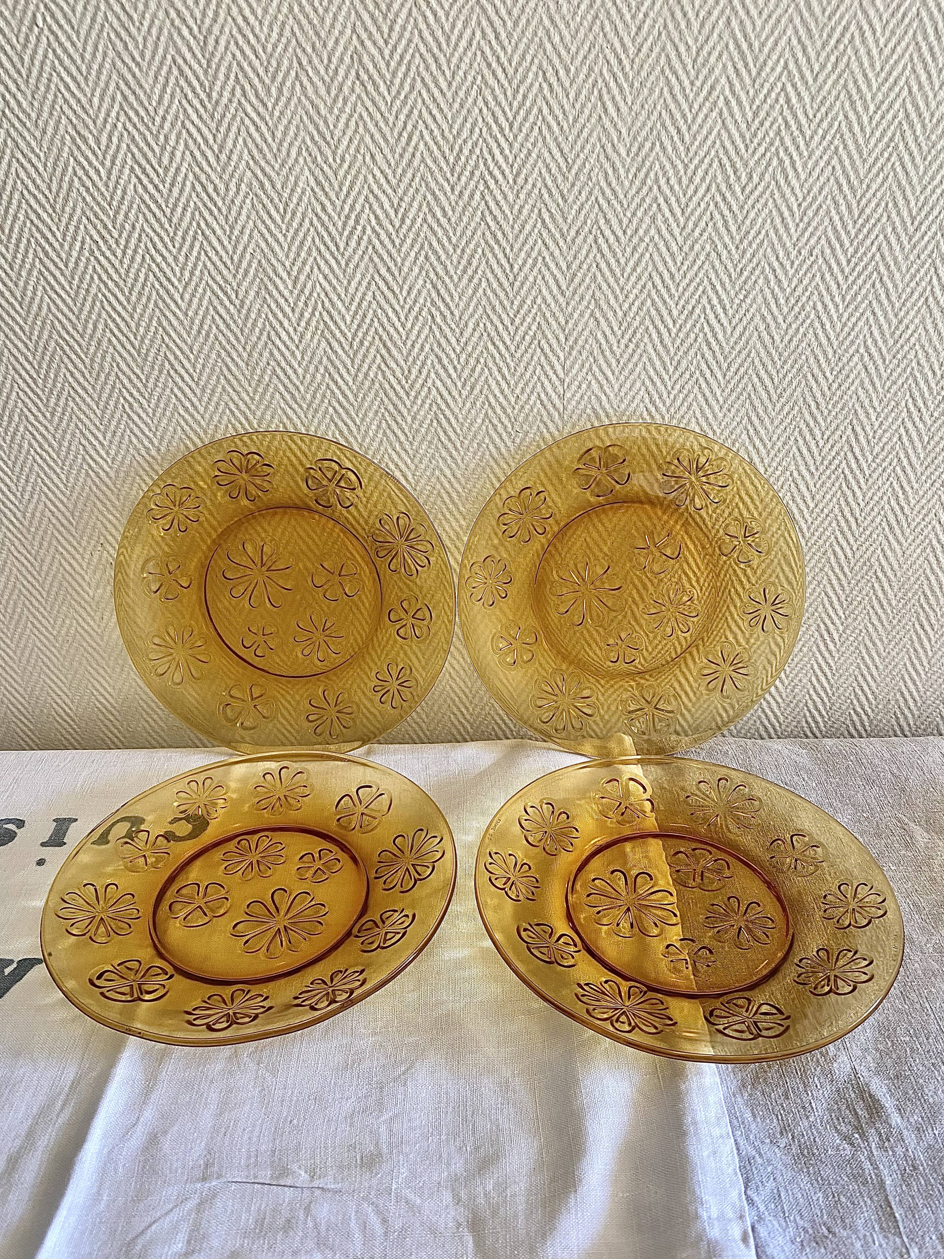Service assiettes vereco ambré décor floral