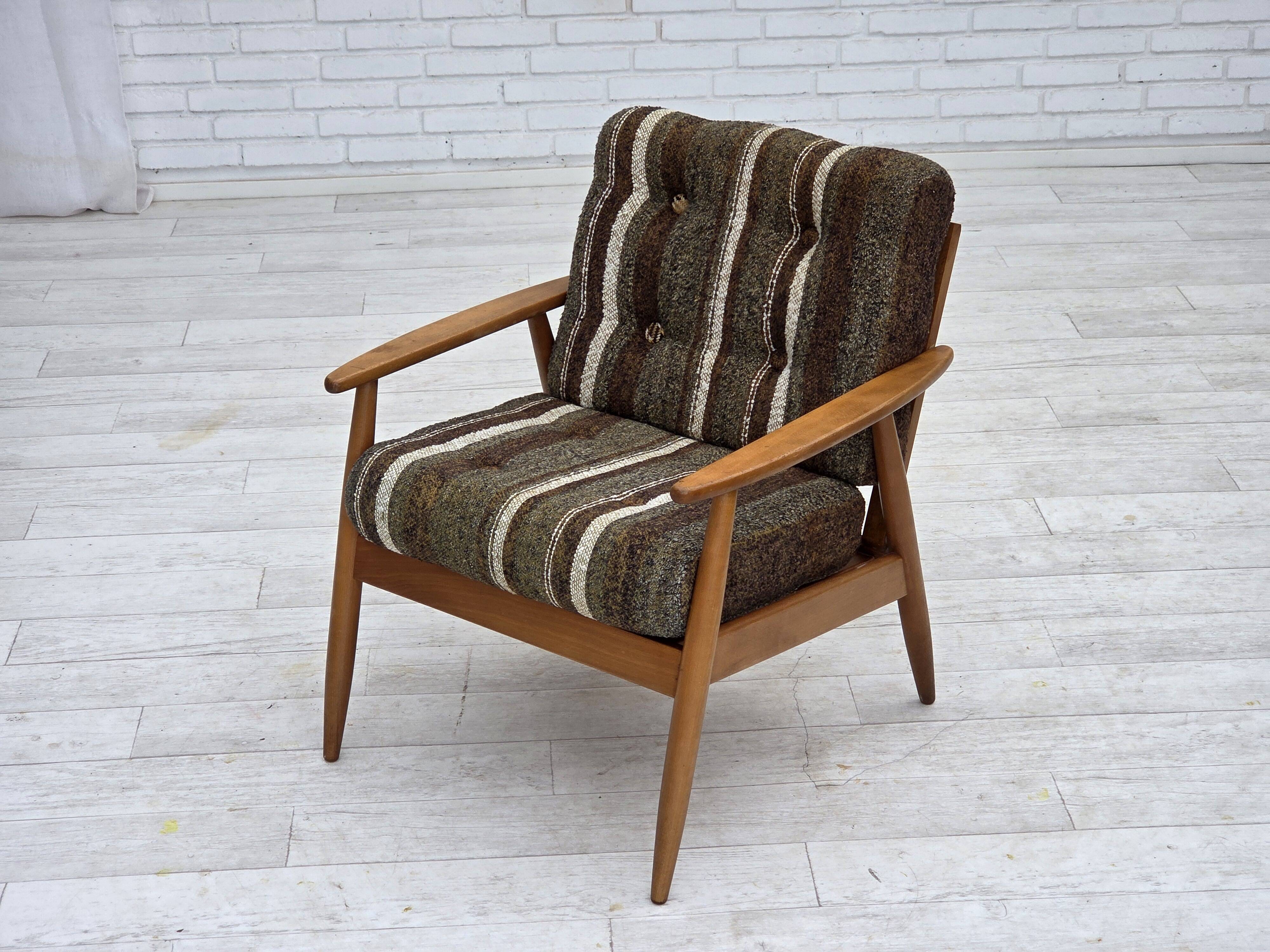 1970s, Danish armchair, beech wood, furniture wool fabric.