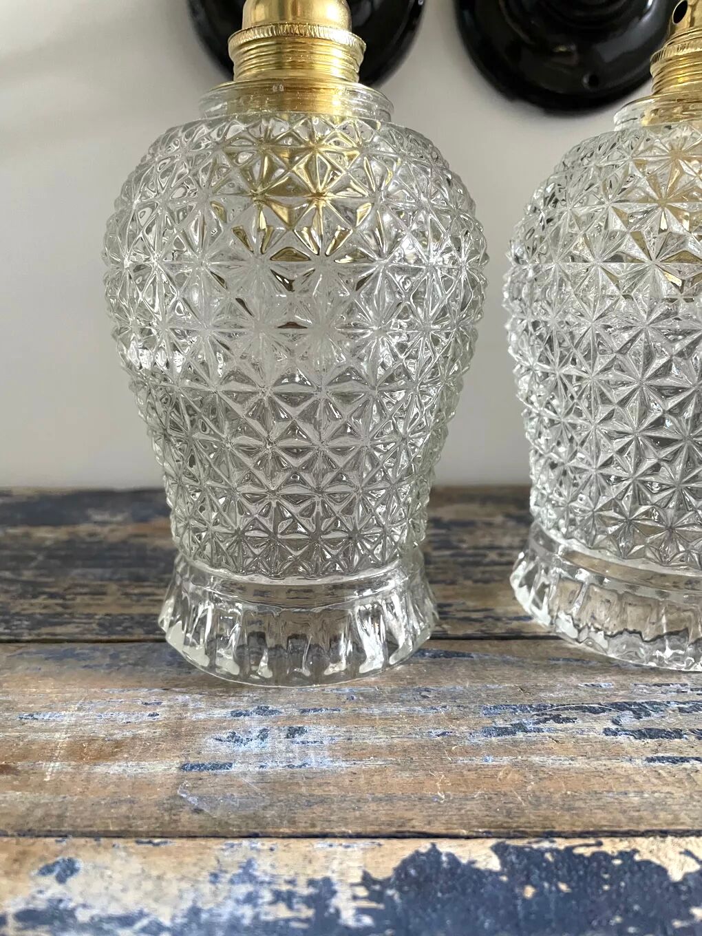 Pair of vintage electrified glass wall lamps