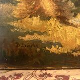 Oil on canvas rural landscape, village steeple and its countryside.