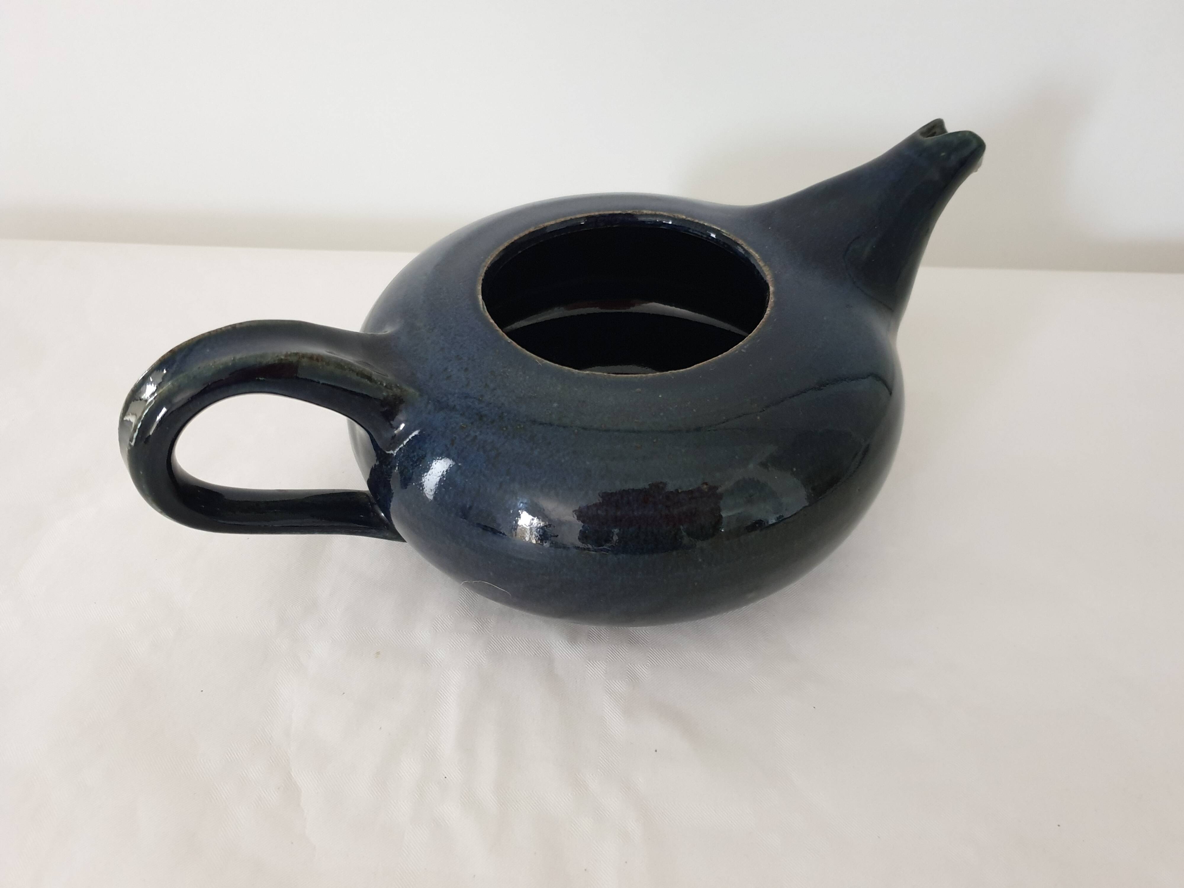Blue glazed stoneware ceramic teapot Signed Pictogram Signature to identify