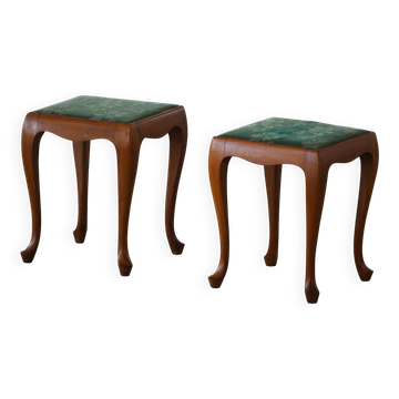 Pair of wooden Rococo-style stools with cabriole legs, Denmark, mid-20th century.