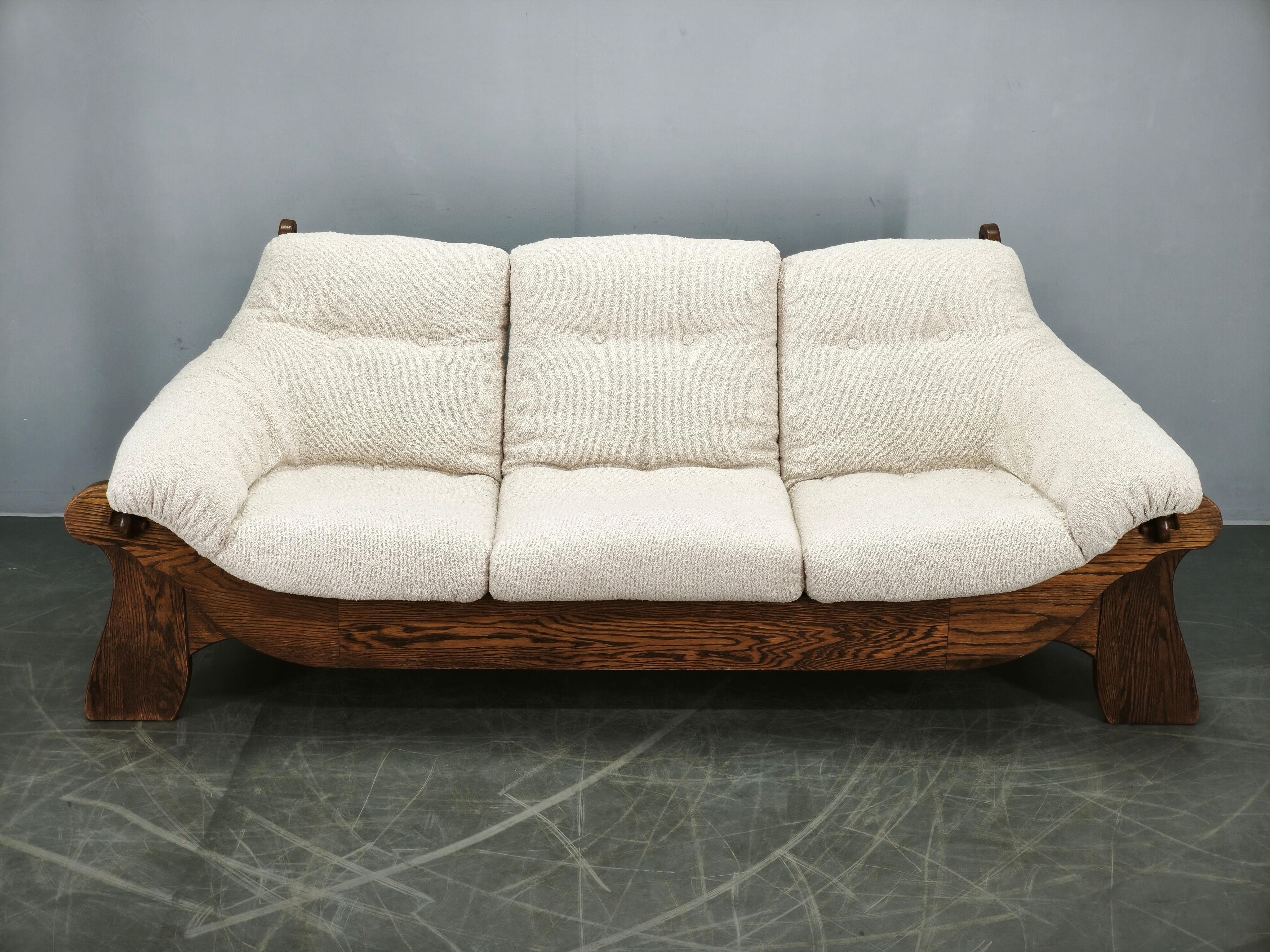 Brutalist Solid Oak and Bouclé Three-Seat Sofa, Czechoslovakia 1970s