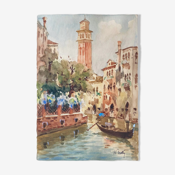 Tableau Aquarelle "canaux de Venise" Italie début XX° par W. Scotty