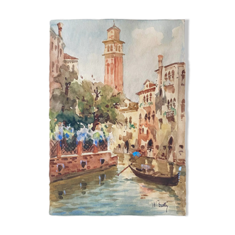 Watercolor painting "canals of Venice" Italy early XX° by W. Scotty