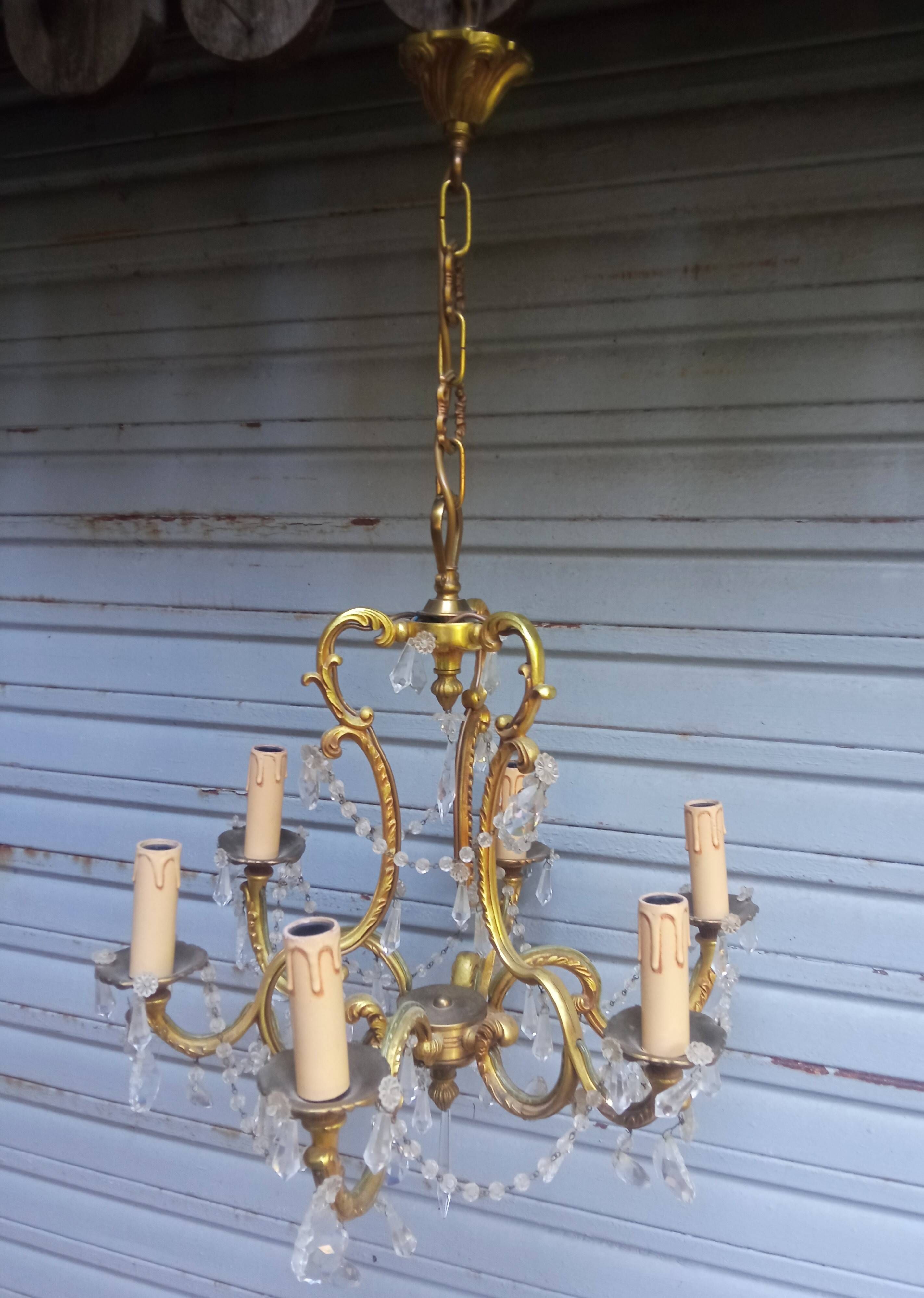 Antique cage chandelier in gilded bronze and crystal, 6 lights / working condition l gau