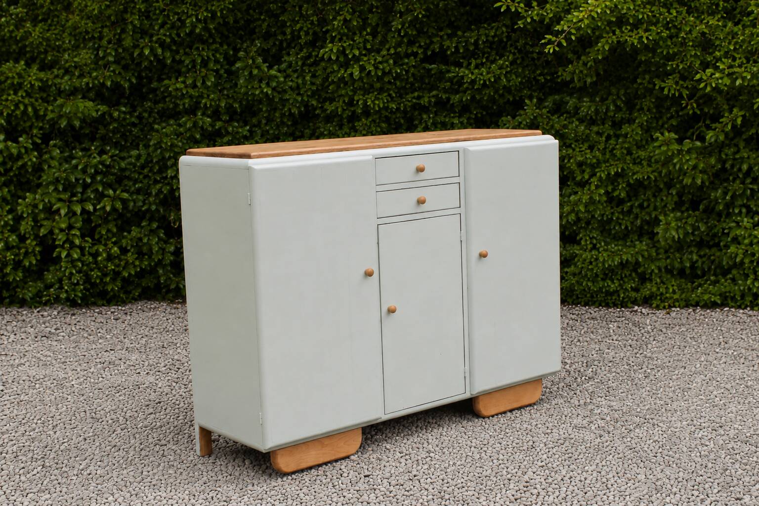 Renovated vintage buffet in Mado style – Celadon Libéron and natural wood – 13