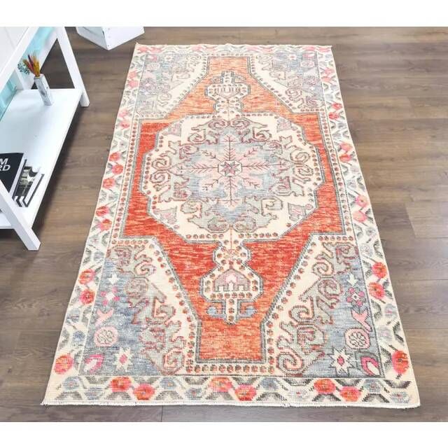 Tapis turc en laine orange fait main, années 1970