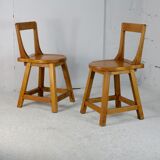 Pair of brutalist wooden back stools. France, circa 1960