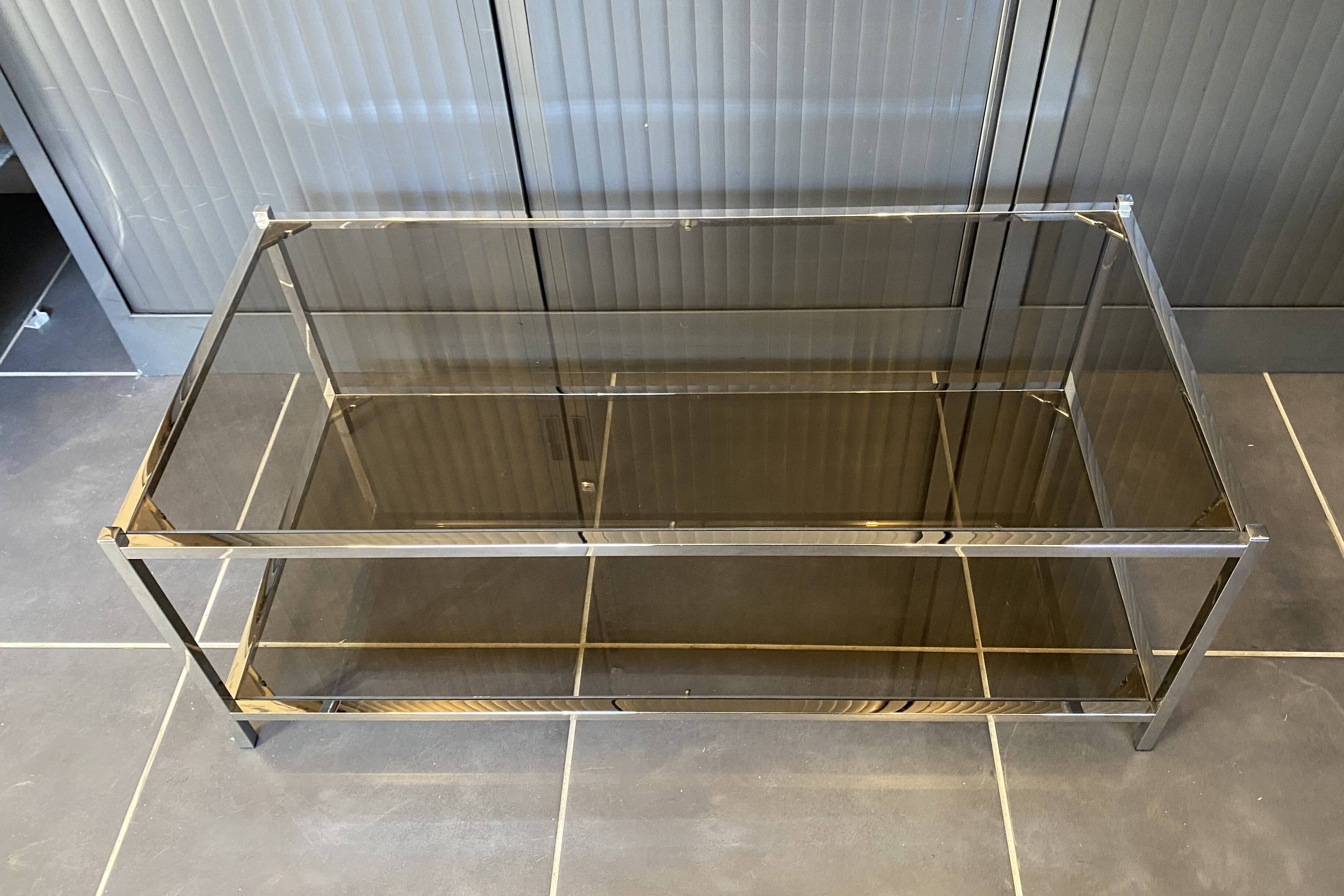 Table basse double plateau verre chrome style Bauhaus vintage 1970
