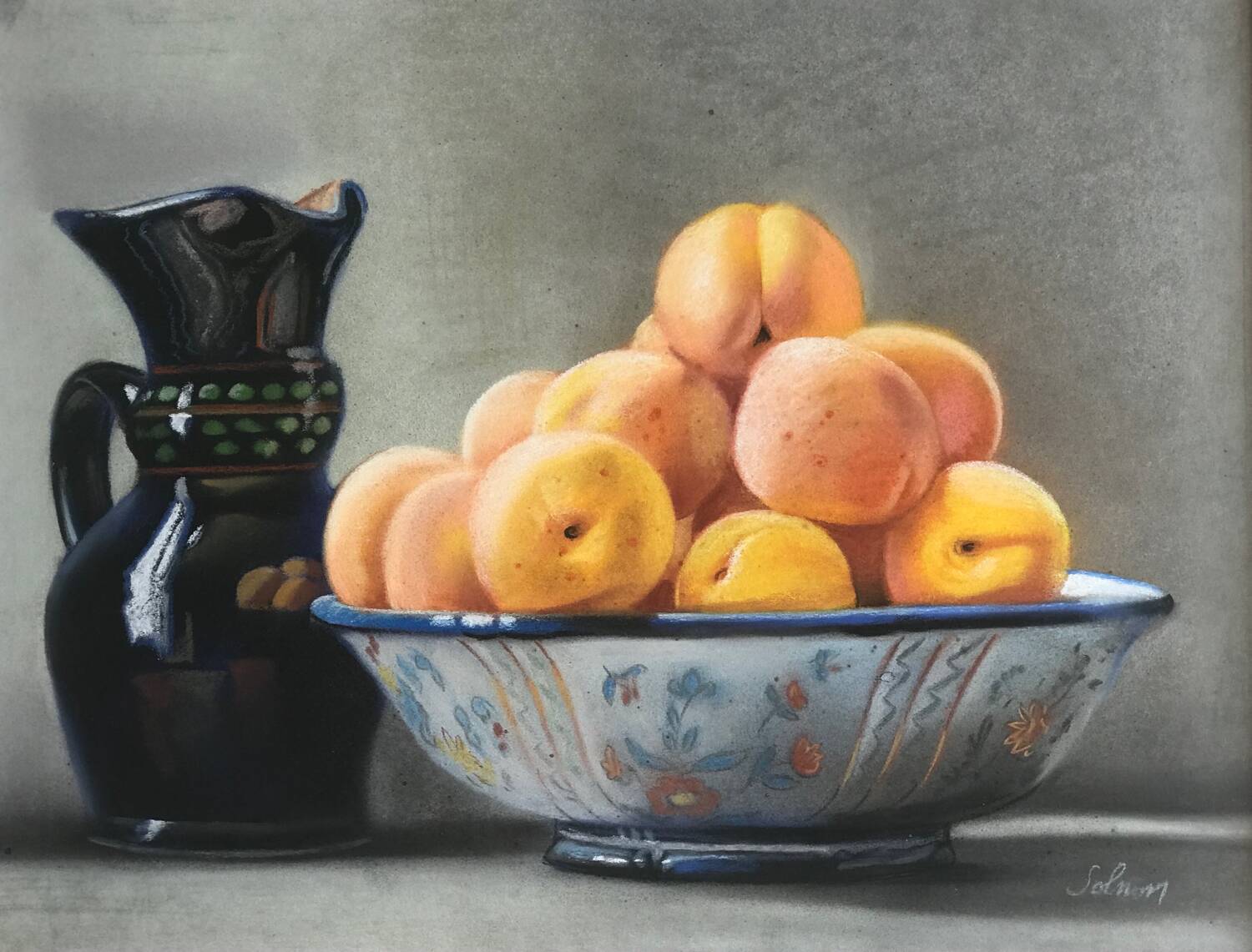 Daniel solnon (1947). pastel. still life with peaches.