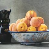 Daniel solnon (1947). pastel. still life with peaches.