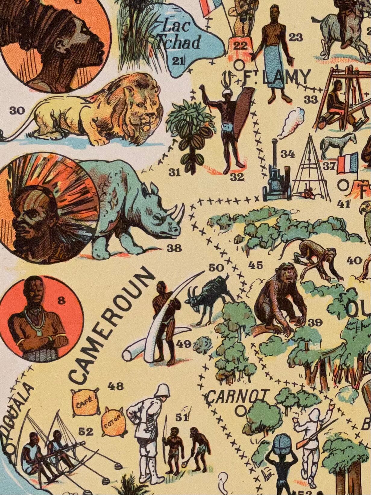 Old poster map of French Equatorial Africa (soil products and industry) - 1931
