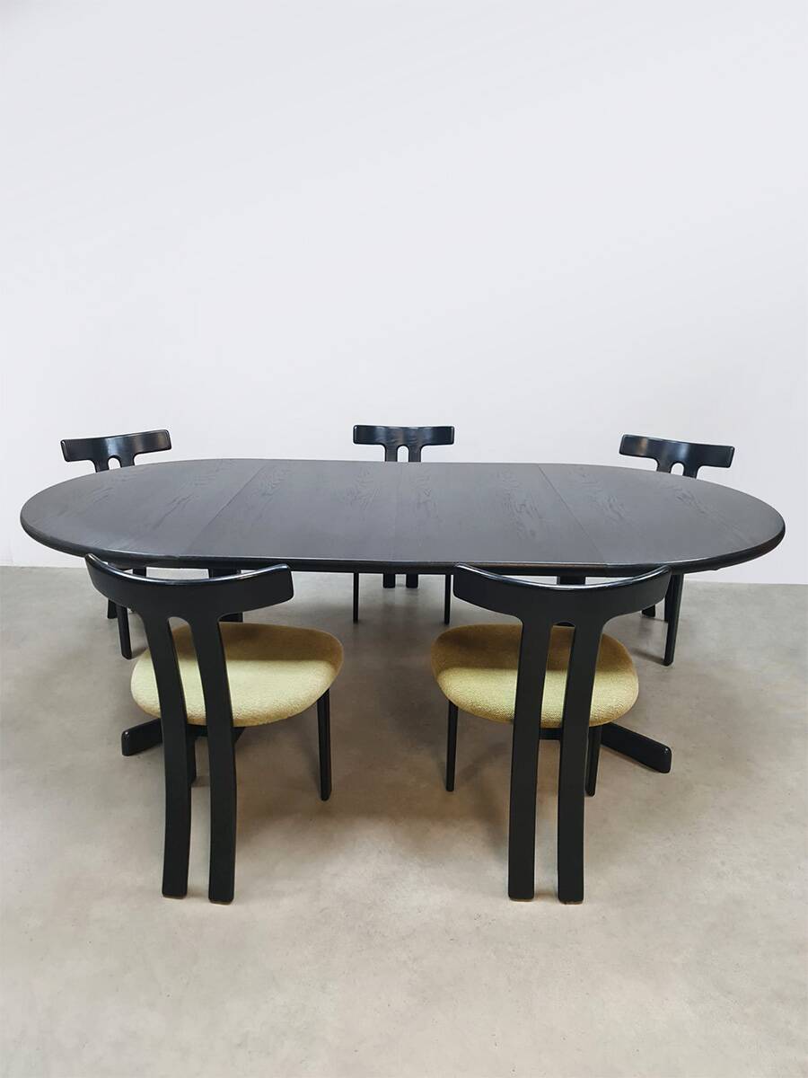 Midcentury 'T-shape' black oak extendable dining set vintage
