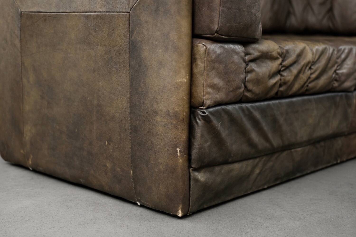 Vintage Mid-Century Modern German Brutalist Brown Leather 2-Seater Sofa