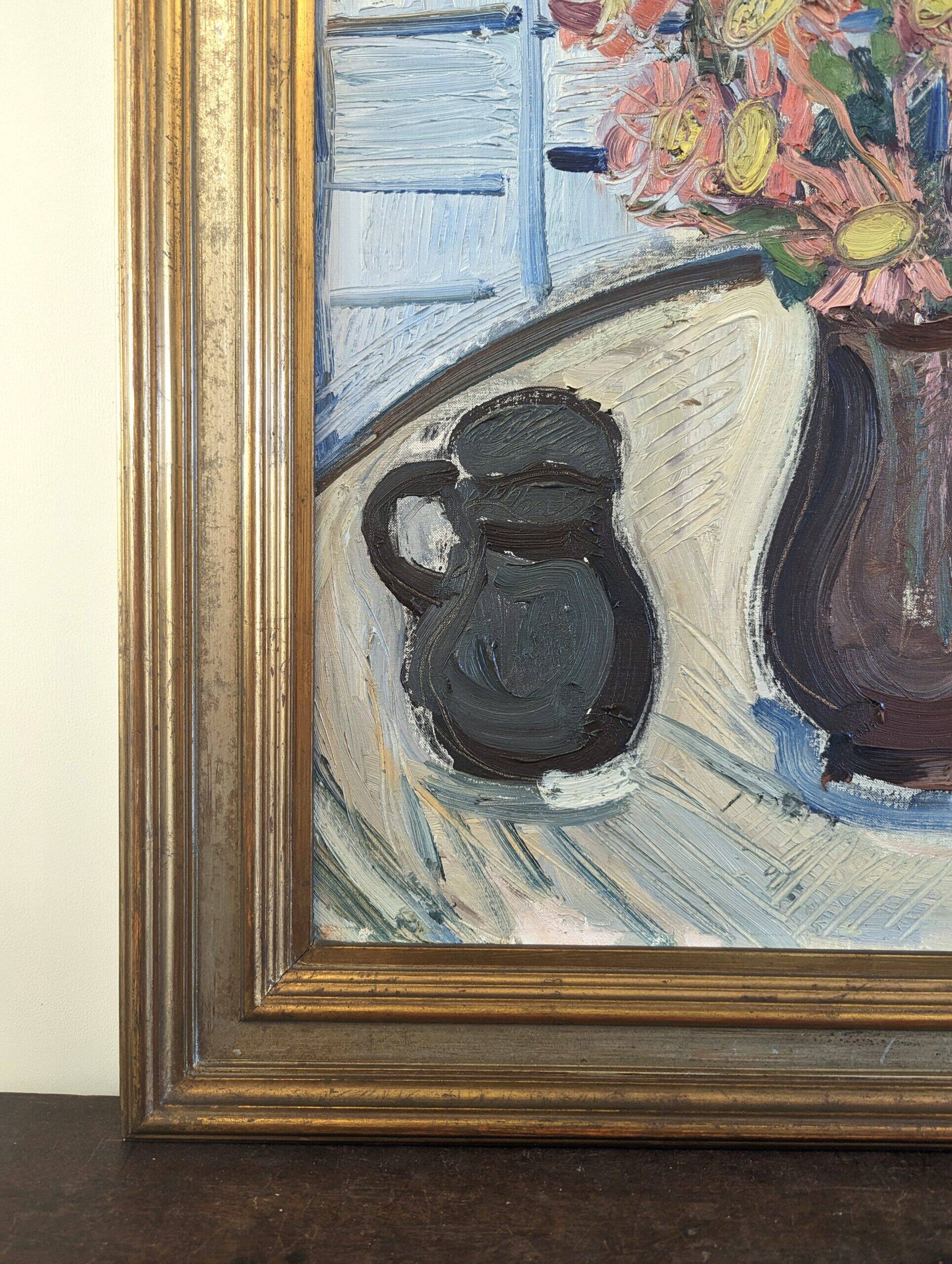 Mid-Century Modern Swedish "Pink Flowers" Vintage Still Life Oil Painting, Framed