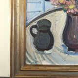 Mid-Century Modern Swedish "Pink Flowers" Vintage Still Life Oil Painting, Framed