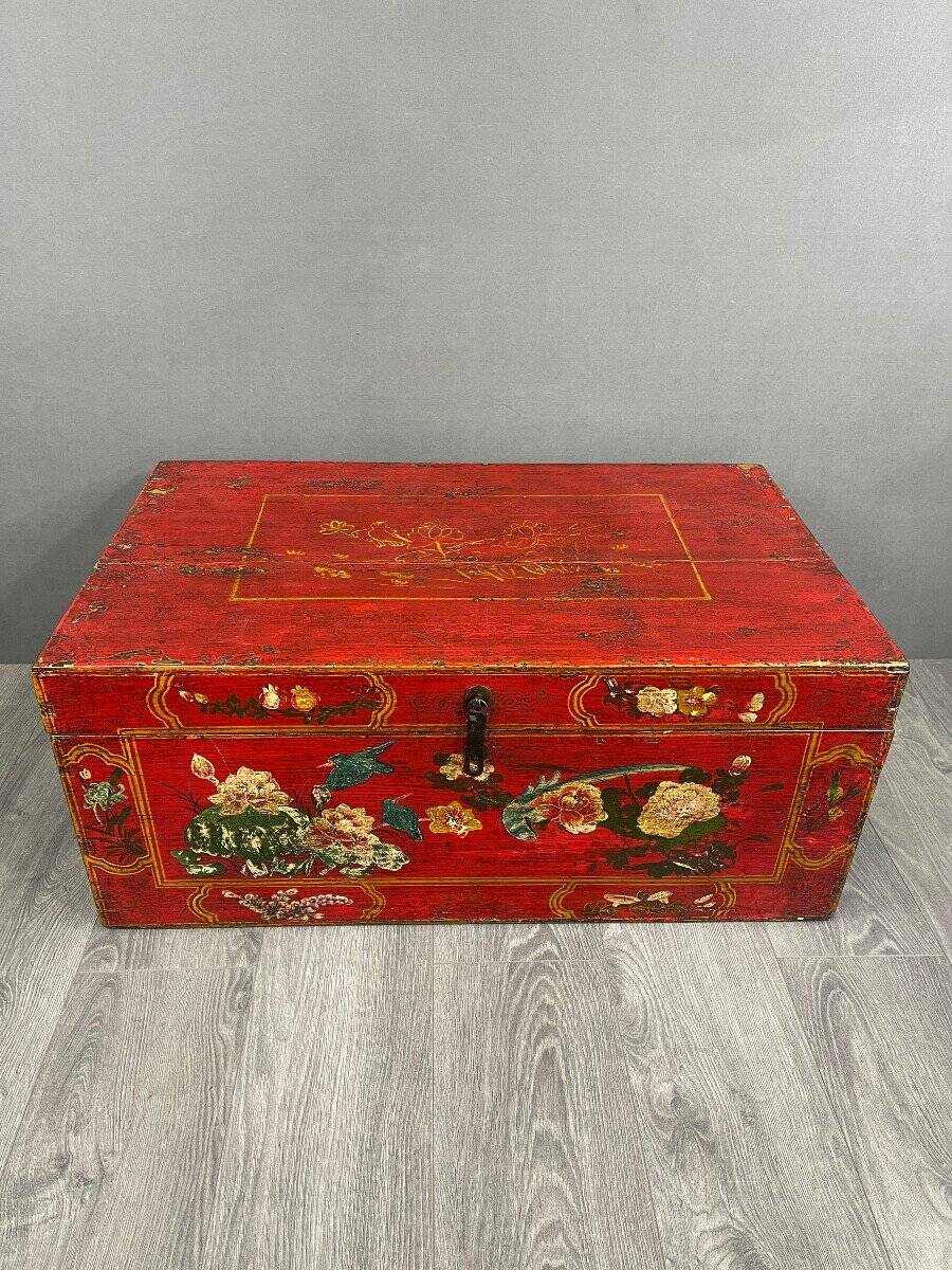 Antique Hand Painted Chest, Floral Decor on Red Background, 19th Century