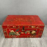 Antique Hand Painted Chest, Floral Decor on Red Background, 19th Century