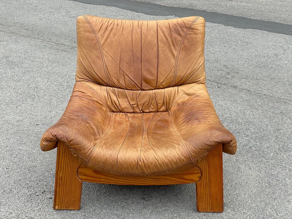 Vintage leather and pine lounge chair by Maison Regain, 1970s
