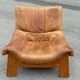Vintage leather and pine lounge chair by Maison Regain, 1970s