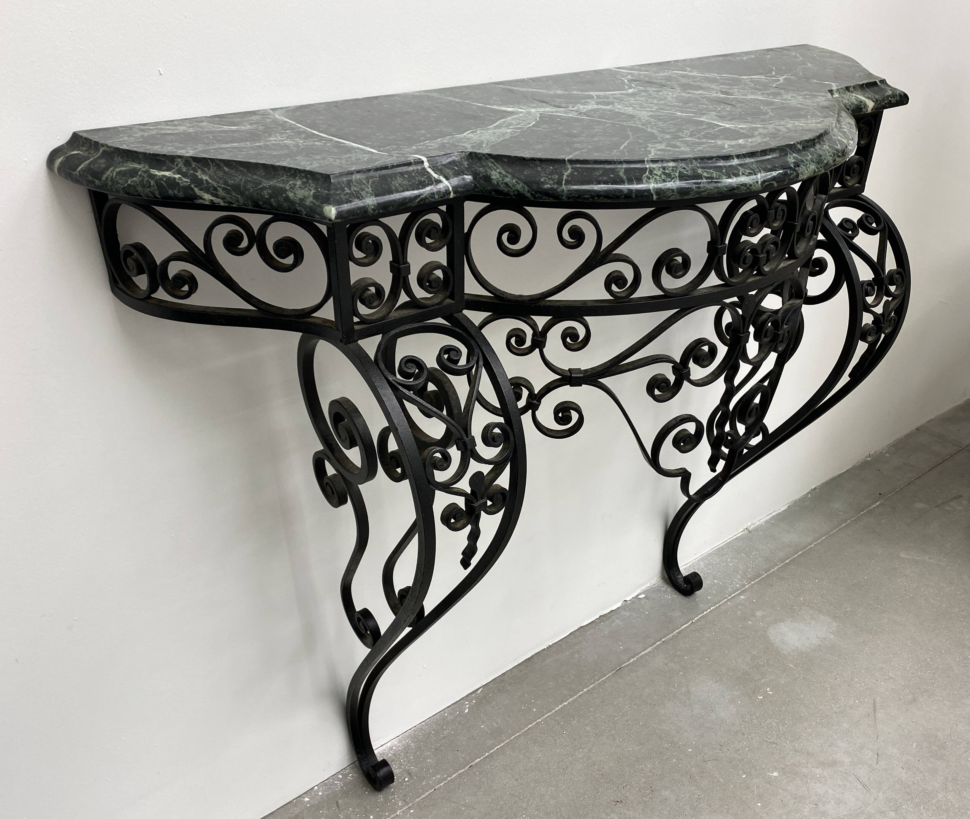 Art Deco Wrought Iron Console with Green Alpine Marble
