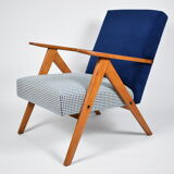 Vintage original 60s armchair, refubrished, blue velvet, poule fabric