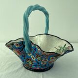 Large earthenware basket, Longwy enamels, turquoise blue cloisonné, twisted handle, stamp