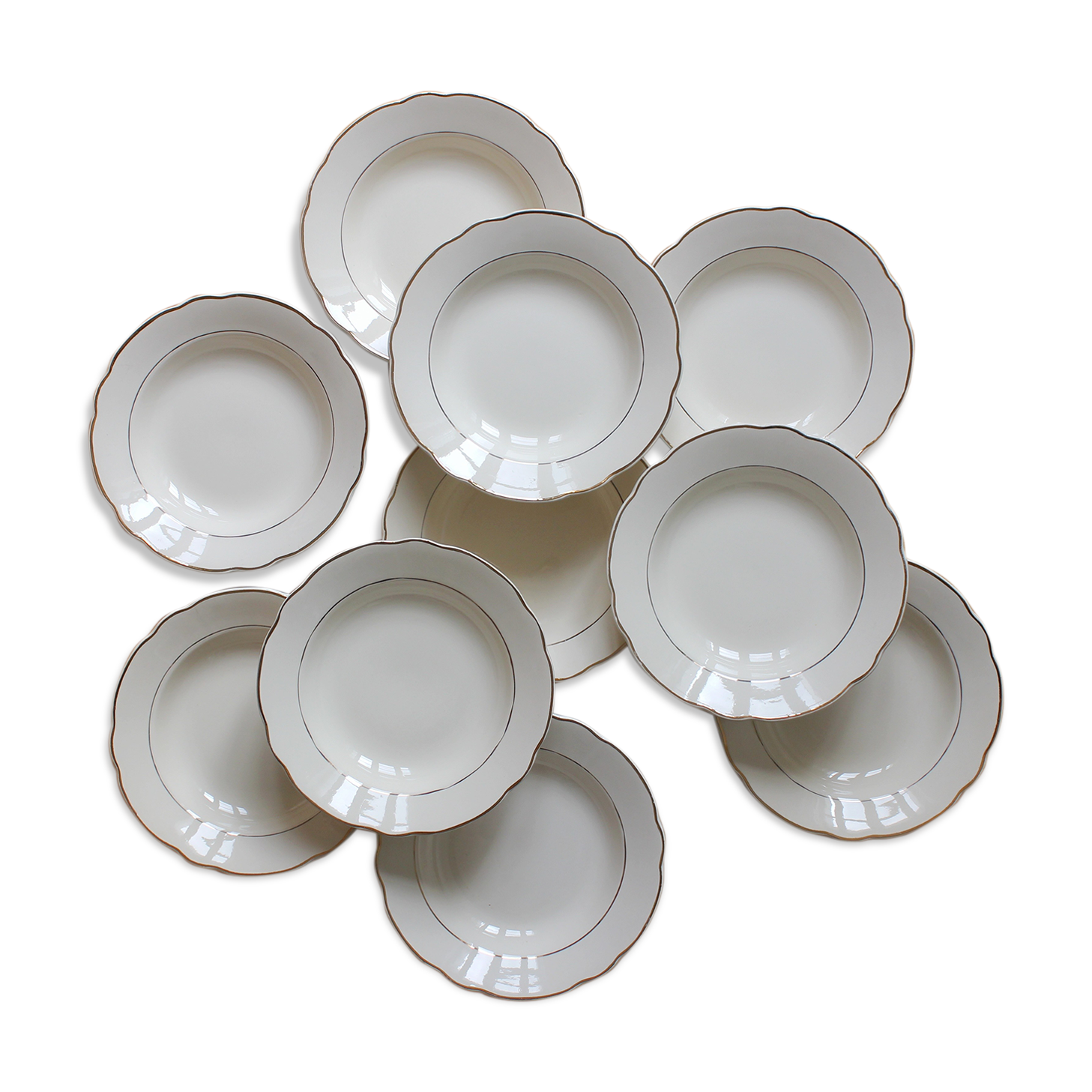 10 vintage ivory earthenware soup plates with gold trim, Digoin Sarreguemines