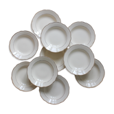 10 vintage ivory earthenware soup plates with gold trim, Digoin Sarreguemines