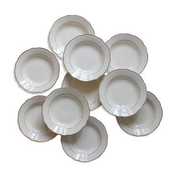 10 vintage ivory earthenware soup plates with gold trim, Digoin Sarreguemines