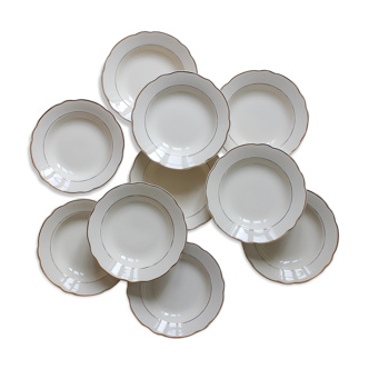 10 assiettes creuses en faïence ivoire liseré doré Digoin Sarreguemines vintage