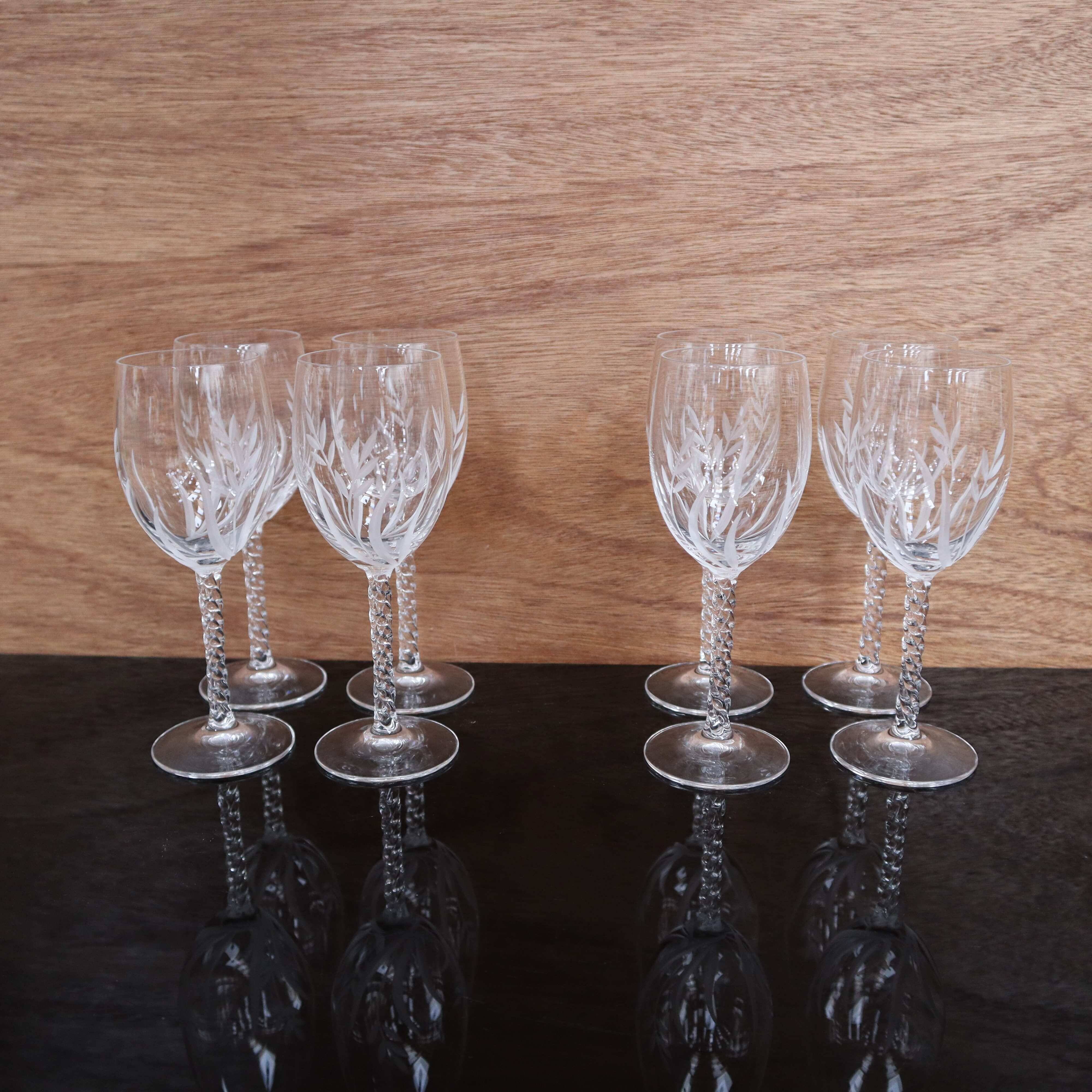 Set of 4 Vintage Engraved Crystal White Wine Glasses